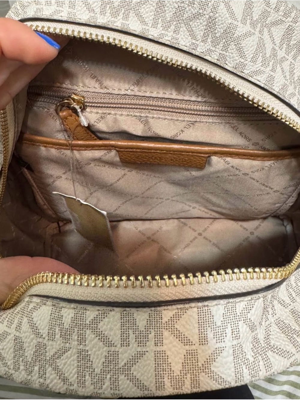 Michael Kors Beige MK Logo Backpack with Gold Studs - Picture 6 of 8